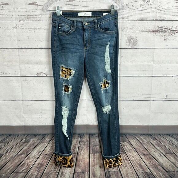 Kancan Jeans Womens 27 Blue Distressed Cheetah Patches High Rise Stretch Comfort - Picture 1 of 12